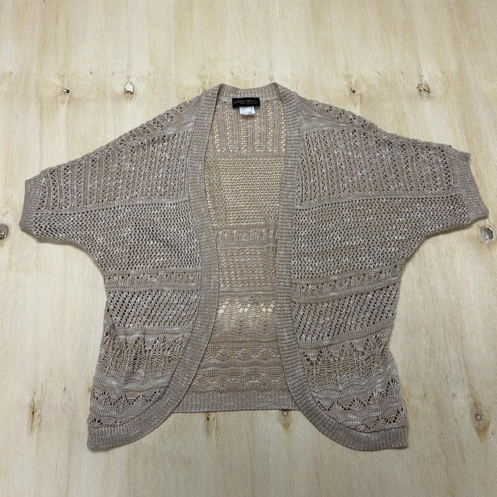 Y2K Yarn Arts Sweater Womens Large Beige Open Knit Dolman Short Sleeve Shrug
